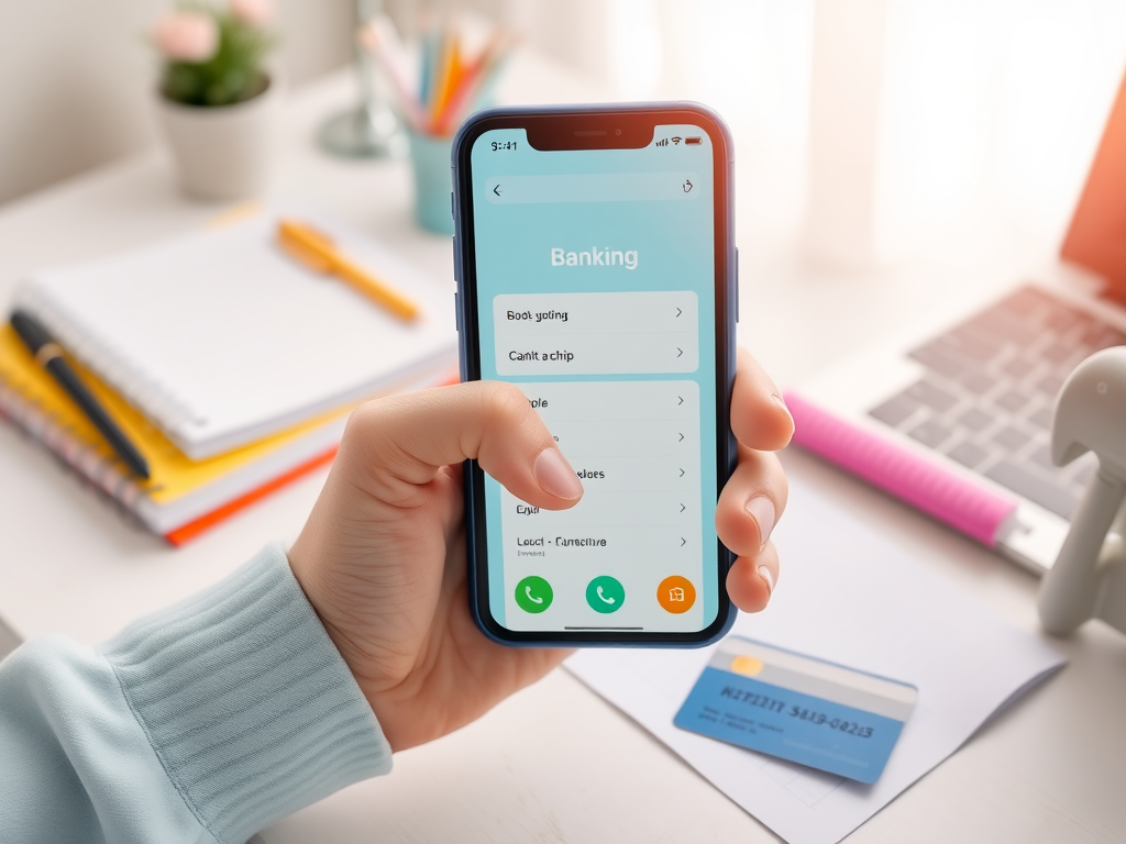На изображении рука держит телефон с открытым приложением банковских услуг на фоне рабочего стола.