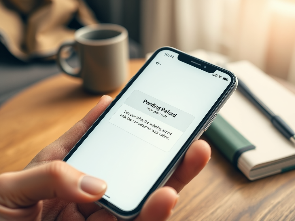 На экране телефона сообщение о ожидании подтверждения с текстом "Pending Refer". Фон размытый, рядом кружка с кофе.